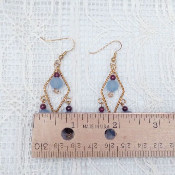 Handmade Garnet Chandelier Earrings on Gold Toned Diamond Shapes for Women - Picture 6 of 7